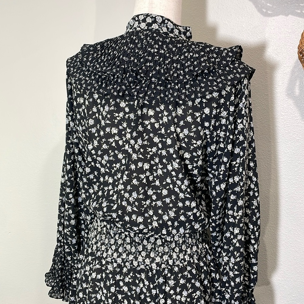 Vintage Diane Fres Floral Full Length Ruffle Flutter Dress BlackGray Cream/White - Picture 5 of 16